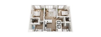 A top-down view of a modern apartment layout with labeled sections.