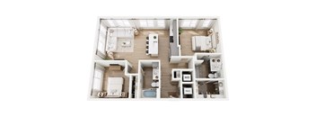A top-down view of a well-organized apartment with labeled rooms.