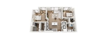 A top-down view of a modern apartment layout.