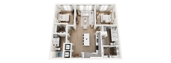 A top-down view of a modern apartment layout with a kitchen, living room, and bedrooms.