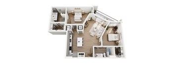 A top-down view of a well-furnished apartment layout.