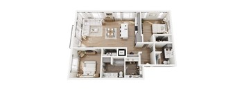 A top-down view of a modern, white-walled apartment with a kitchen, living room, and bedroom.