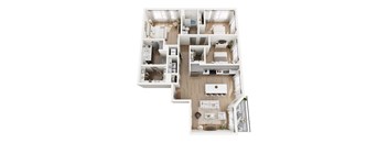 A top-down view of a modern apartment layout.