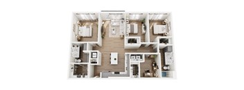 A top-down view of a modern, white-walled apartment with a kitchen, living room, and bedrooms.