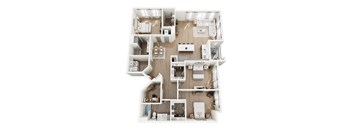 A top-down view of a small apartment with a kitchen, living room, and bedrooms.