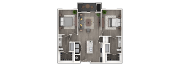 A top-down view of a house layout with a living room, dining area, kitchen, and bathrooms.