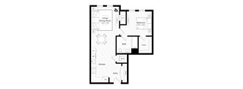 A floor plan of a house with a living room, dining room, kitchen, bathroom, and bedroom.