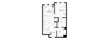 A floor plan of a small apartment with a living room, dining room, kitchen, bathroom, and bedroom.