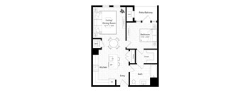 A floor plan of a house with a living room, dining room, kitchen, bathroom, and bedroom.