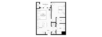 A floor plan of a house with a living room, dining room, kitchen, bathroom, bedroom and patio.