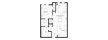 A floor plan of a house with a living room, two closets, a kitchen, a bath, and a bedroom.
