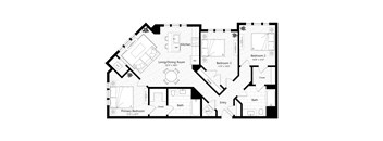 A black and white image of a house floor plan with a living/dining room, kitchen, three bedrooms, a bathroom, and an entry.