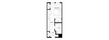 A floor plan of a small apartment with a living area, kitchen, bathroom, and closet.