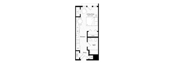 A floor plan of a small apartment with a living area, kitchen, bathroom and bedroom.