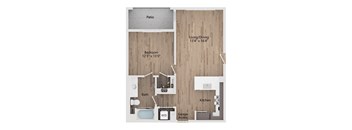 A floor plan of a house with a living/dining area, kitchen, bedroom, bathroom, and garage access.