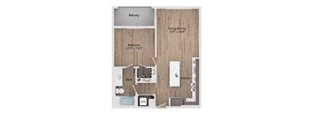 A floor plan of a small apartment with a balcony, living/dining area, bedroom, bathroom, kitchen, and hallway.