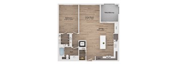 A floor plan of a home showing a bedroom, living room, dining room, kitchen, bathroom, and pantry.