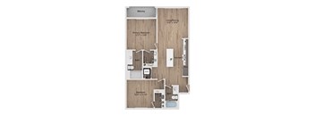 A floor plan of a home with a balcony, two bedrooms, a bathroom, a kitchen, and a living/dining area.