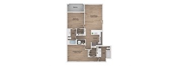 A floor plan of a home with a balcony, living/dining area, two bedrooms, a kitchen, a WC, and a primary bedroom.