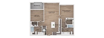 A floor plan of a house with a living room, dining room, kitchen, two bathrooms, a pantry, and two bedrooms.