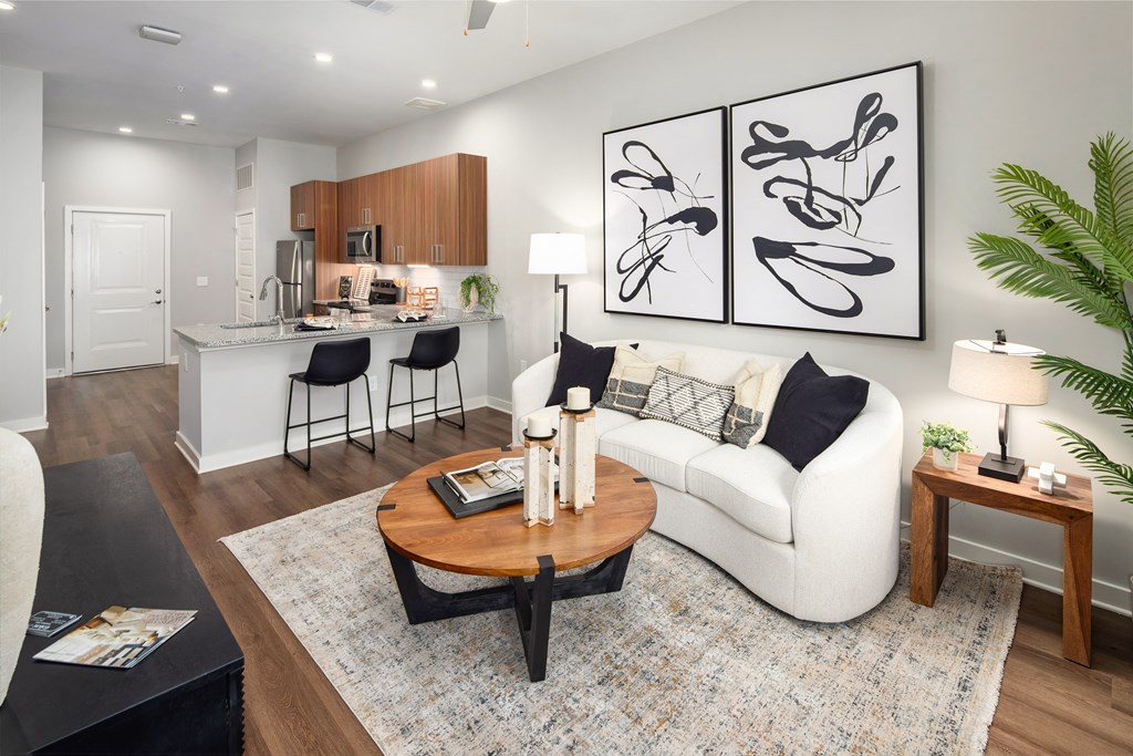 a living room with a couch and a table