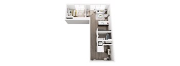 A top down view of a small apartment with a kitchen, living room, and bathroom.