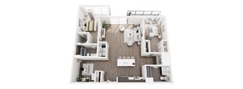 A top-down view of a modern apartment layout.