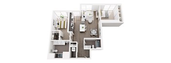 A top down view of a small apartment with a kitchen, living room, and bathroom.