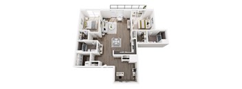 A top down view of a small apartment with a kitchen, living room, and bathroom.