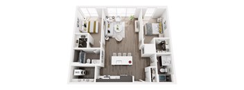 A top down view of a small apartment with a kitchen, living room, and bathroom.