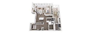A floor plan of a small apartment with a kitchen, living room, and bathroom.
