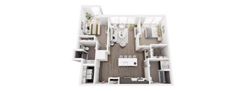 A top-down view of a small, well-organized apartment with a kitchen, living room, and bathroom.