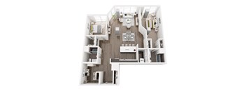 A top down view of a small apartment with a kitchen, living room, and bedroom.