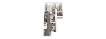 A top down view of a kitchen with a sink, stove, and refrigerator.