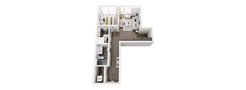 A floor plan of a house with a kitchen, living room, and two bedrooms.