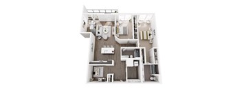 A floor plan of a small apartment with a kitchen, living room, and bathroom.