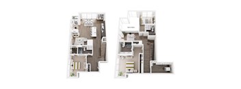 A floor plan of a two-story apartment with a living room, kitchen, and bedrooms.