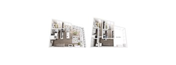 A white floor plan of a house with a kitchen, living room, and bathroom.