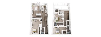 A floor plan of a two-story apartment with a living room, kitchen, and bedrooms.