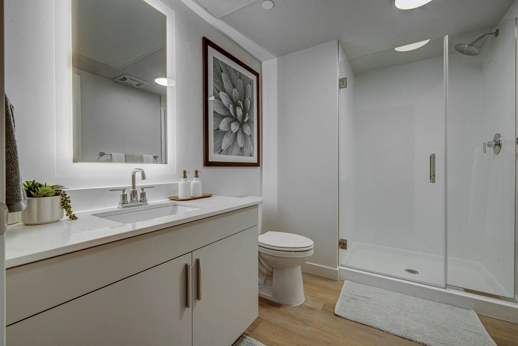a bathroom with a toilet sink and a shower