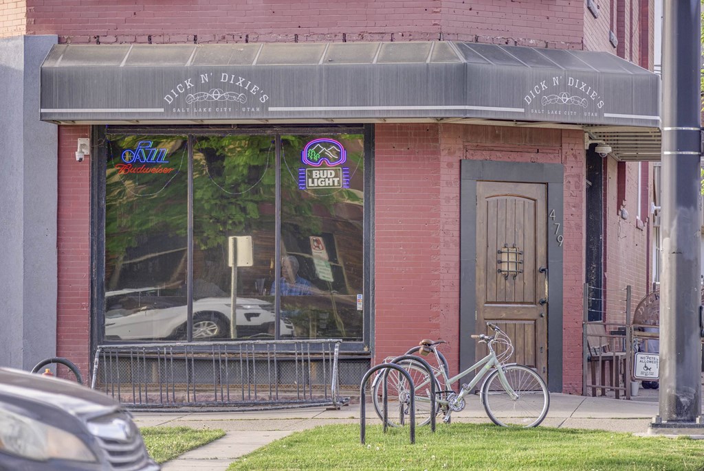 a bike parked in front of a local restaurant near our apartment home community