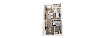 A top down view of a small apartment with a kitchen, living room, and bathroom.
