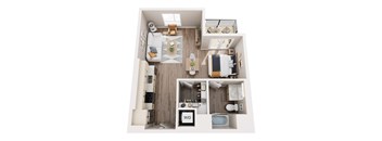 A top down view of a small apartment with a kitchen, living room, and bathroom.