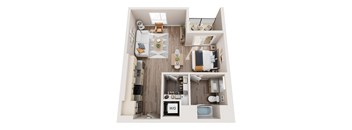 A top down view of a small apartment with a kitchen, living room, and bathroom.