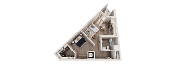 A 3D rendered image of a house layout with a kitchen, living room, and bathroom.