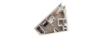 A top-down view of a small apartment with a kitchen, living room, and bathroom.