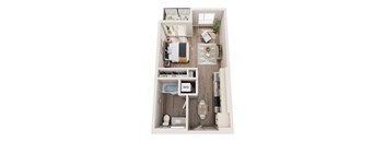 A top down view of a small apartment with a bedroom, living room, and kitchen.