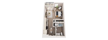 A top down view of a small apartment with a bedroom, living room, and bathroom.