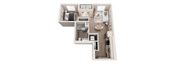 A floor plan of a small apartment with a kitchen, living room, and two bedrooms.