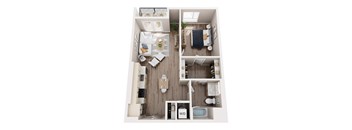 A top down view of a small apartment with a kitchen, living room, and bathroom.
